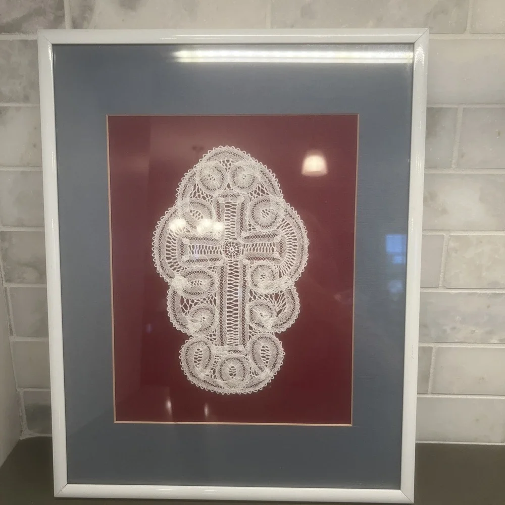 Vintage Handmade Lace Cross Framed Wall Art – Tatted Bobbin Lace Folk Art